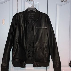 Men’s Faux Leather Jacket with Detachable Hood